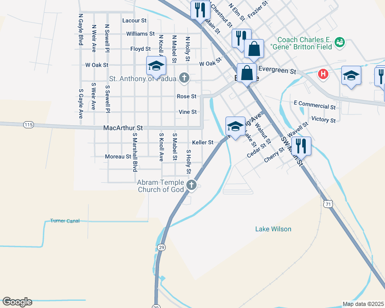 map of restaurants, bars, coffee shops, grocery stores, and more near 609 South Holly Street in Bunkie