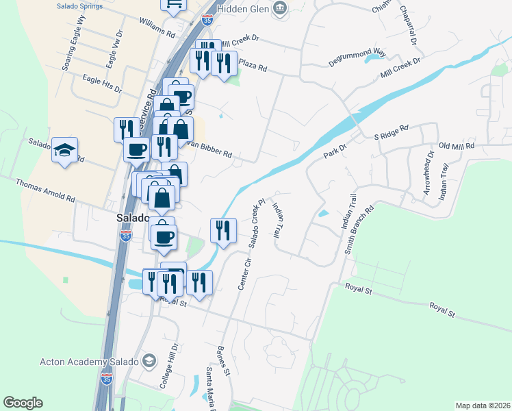 map of restaurants, bars, coffee shops, grocery stores, and more near 300 Salado Creek Place in Salado