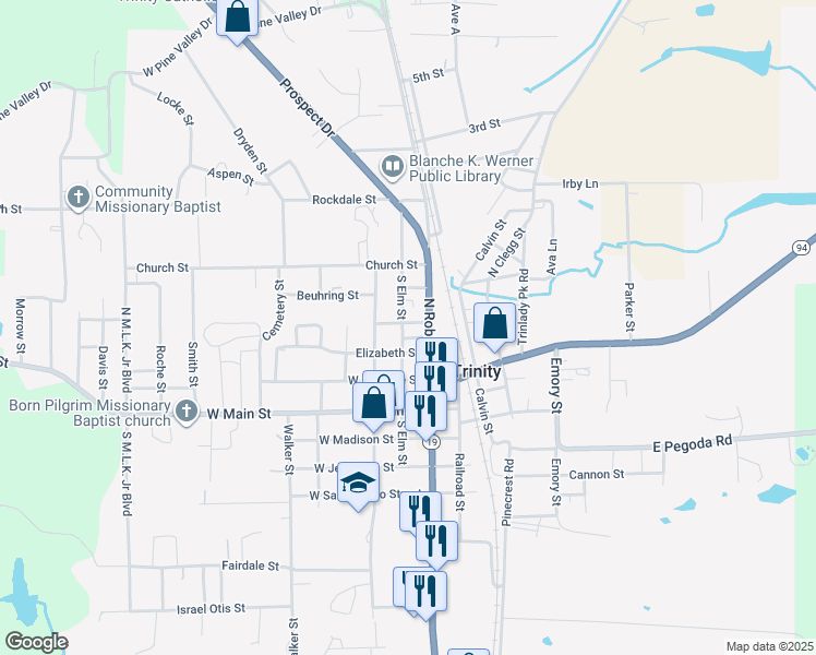map of restaurants, bars, coffee shops, grocery stores, and more near 105 Ramey Street in Trinity