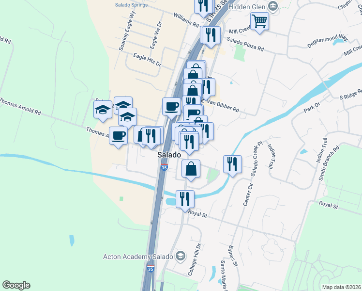 map of restaurants, bars, coffee shops, grocery stores, and more near 113 North Church Street in Salado