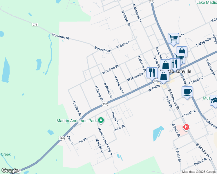 map of restaurants, bars, coffee shops, grocery stores, and more near 202 North Wilson Street in Madisonville