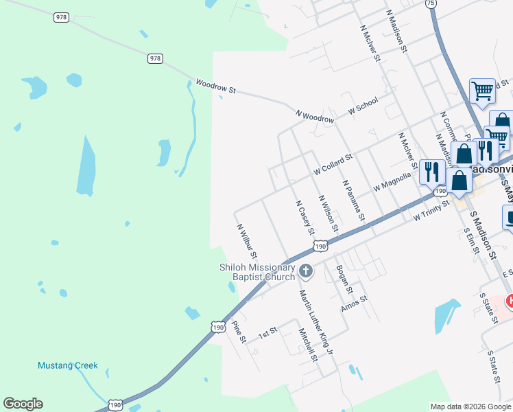 map of restaurants, bars, coffee shops, grocery stores, and more near 309 North Martin Luther King Boulevard in Madisonville