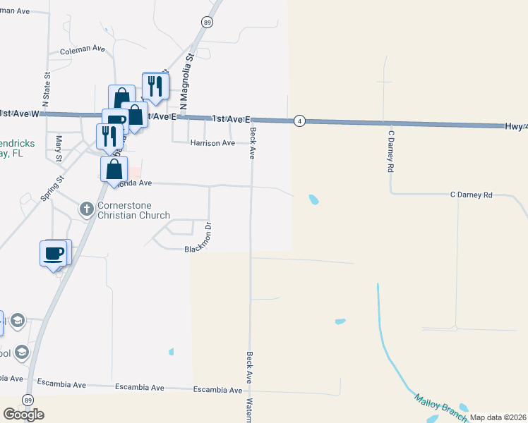 map of restaurants, bars, coffee shops, grocery stores, and more near 5168 Beck Avenue in Jay