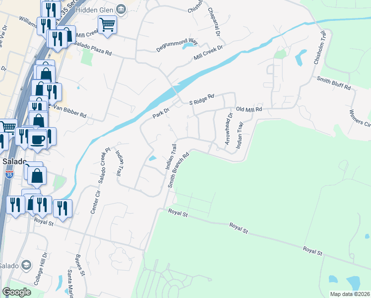 map of restaurants, bars, coffee shops, grocery stores, and more near 460 Smith Branch Road in Salado