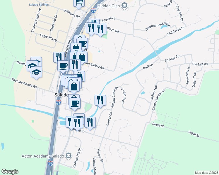 map of restaurants, bars, coffee shops, grocery stores, and more near 300 Salado Creek Place in Salado