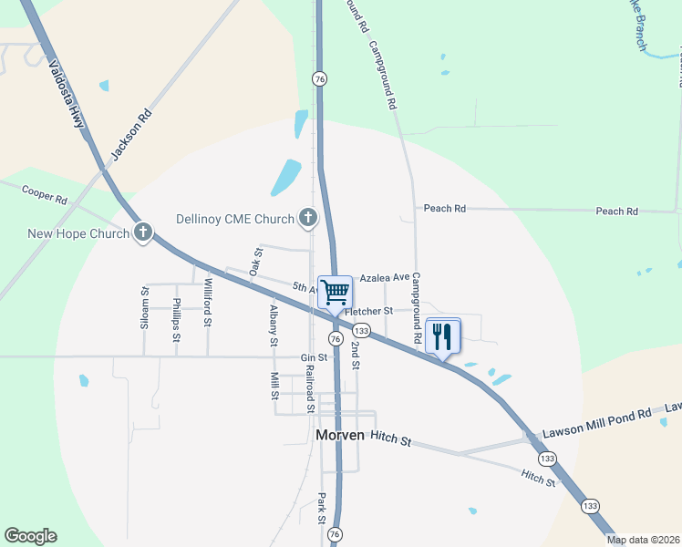 map of restaurants, bars, coffee shops, grocery stores, and more near 17 Azalea Street in Morven
