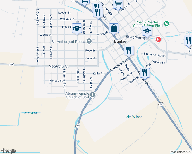 map of restaurants, bars, coffee shops, grocery stores, and more near 609 South Holly Street in Bunkie