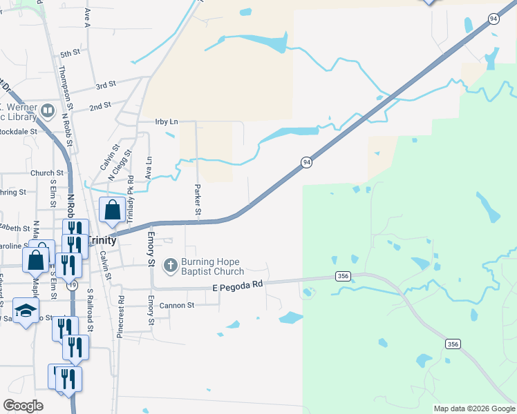 map of restaurants, bars, coffee shops, grocery stores, and more near 202 E Caroline St in Trinity