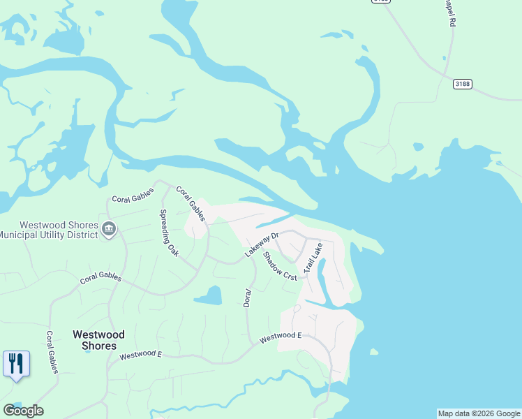 map of restaurants, bars, coffee shops, grocery stores, and more near 77 Lakeside Drive in Trinity