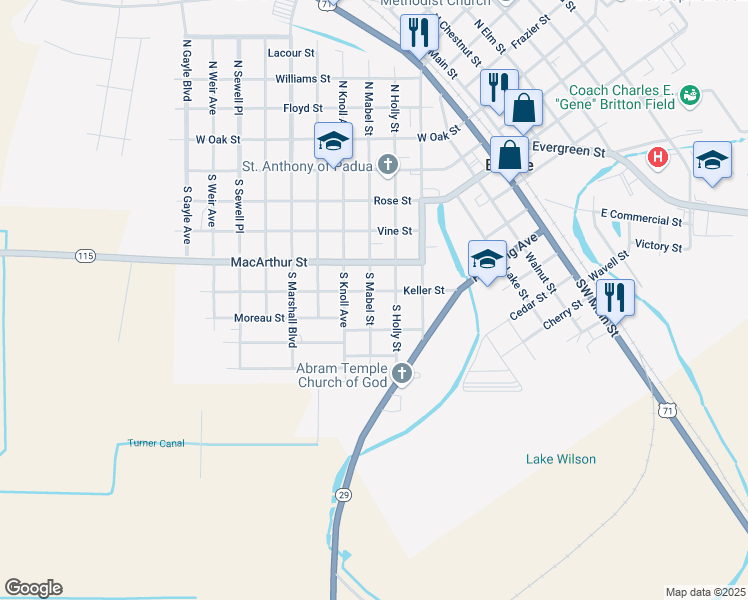 map of restaurants, bars, coffee shops, grocery stores, and more near 601 South Mabel Street in Bunkie