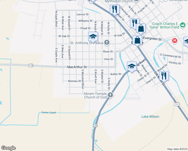 map of restaurants, bars, coffee shops, grocery stores, and more near 604 South Knoll Avenue in Bunkie