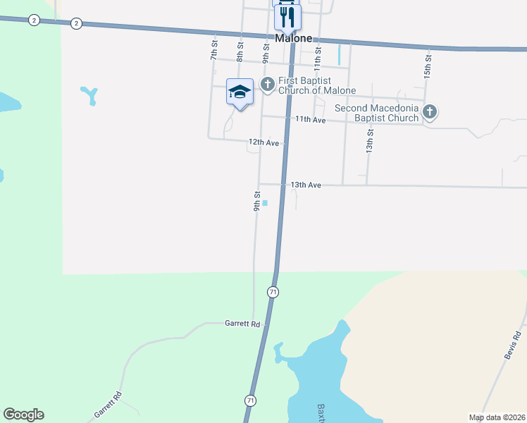 map of restaurants, bars, coffee shops, grocery stores, and more near 5277 10th Street in Malone