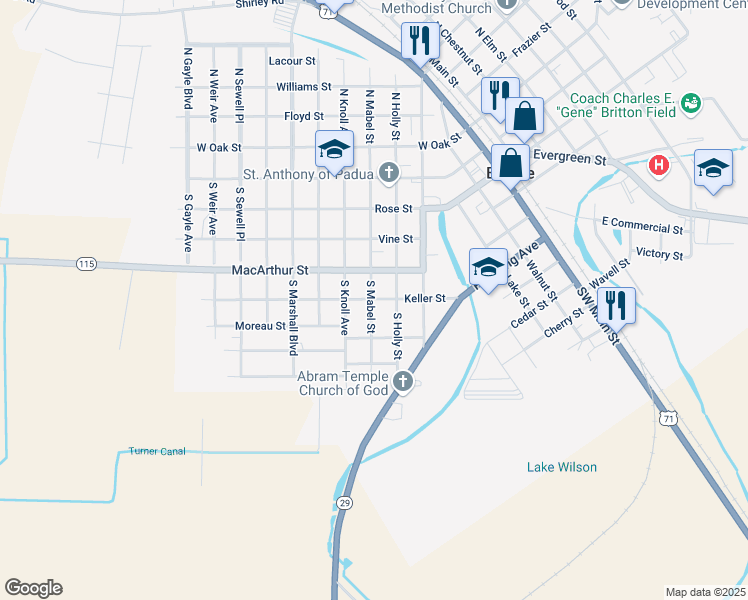 map of restaurants, bars, coffee shops, grocery stores, and more near 601-699 South Mabel Street in Bunkie
