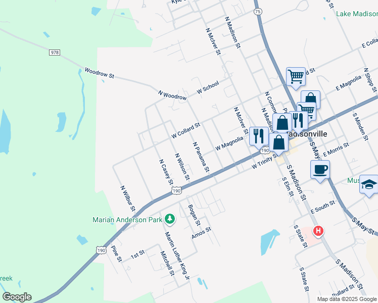 map of restaurants, bars, coffee shops, grocery stores, and more near 202 North Wilson Street in Madisonville