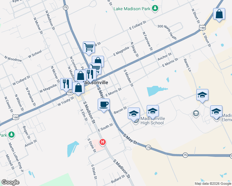 map of restaurants, bars, coffee shops, grocery stores, and more near 520 East Morris Street in Madisonville