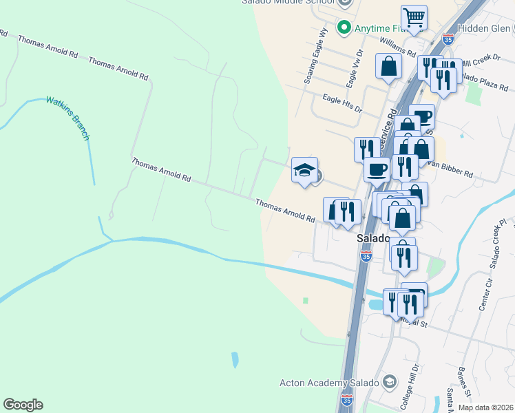 map of restaurants, bars, coffee shops, grocery stores, and more near 1084 Salado School Road in Salado