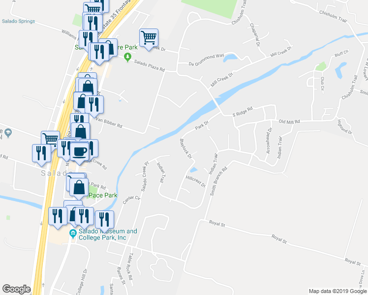 map of restaurants, bars, coffee shops, grocery stores, and more near 513 Blaylock Drive in Salado