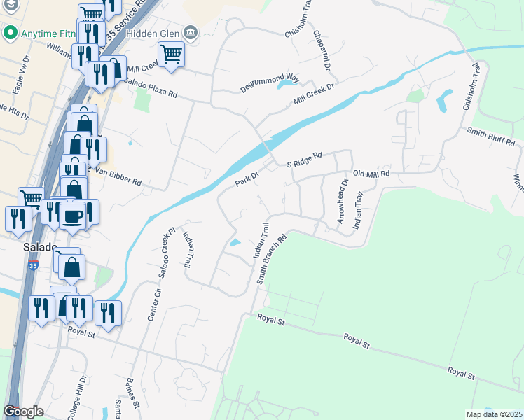 map of restaurants, bars, coffee shops, grocery stores, and more near 608 Quail Hollow Drive in Salado