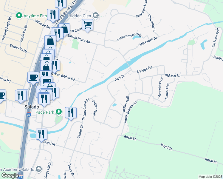 map of restaurants, bars, coffee shops, grocery stores, and more near 513 Blaylock Drive in Salado