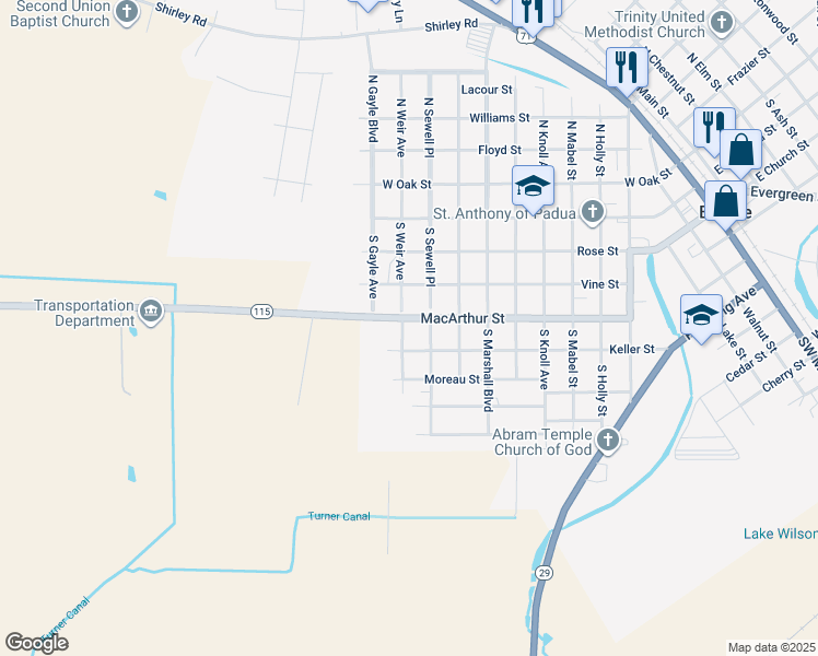 map of restaurants, bars, coffee shops, grocery stores, and more near 1001-1099 MacArthur Street in Bunkie