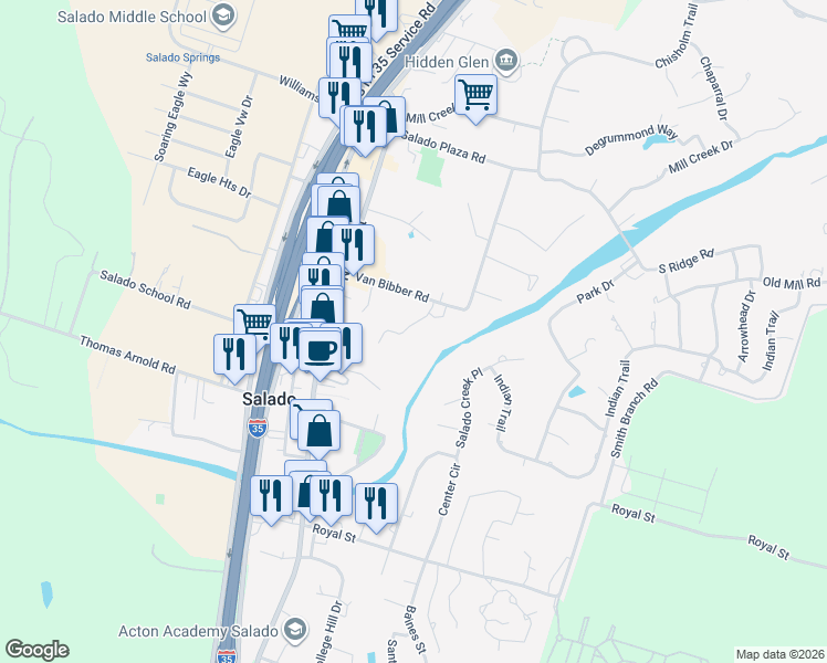 map of restaurants, bars, coffee shops, grocery stores, and more near in Salado