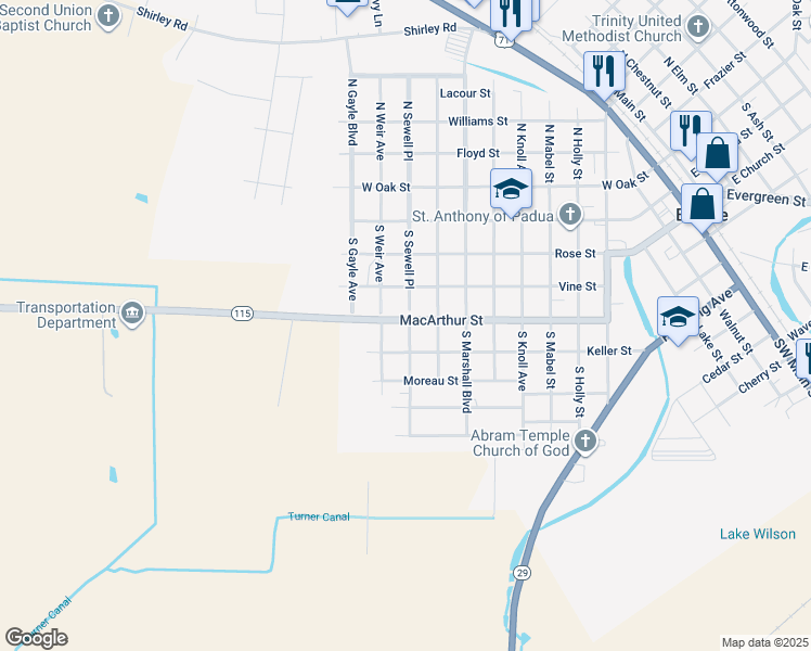 map of restaurants, bars, coffee shops, grocery stores, and more near 1001 Macarthur Street in Bunkie
