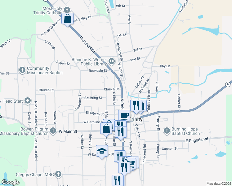map of restaurants, bars, coffee shops, grocery stores, and more near 411 South Elm Street in Trinity