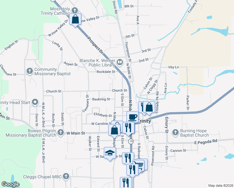 map of restaurants, bars, coffee shops, grocery stores, and more near 911 North Maple Street in Trinity