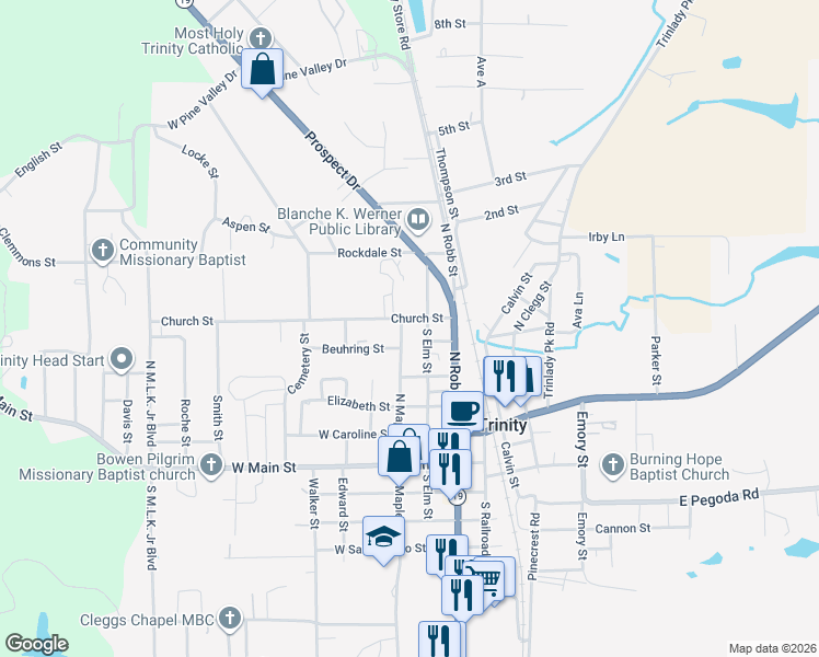 map of restaurants, bars, coffee shops, grocery stores, and more near 911 North Maple Street in Trinity
