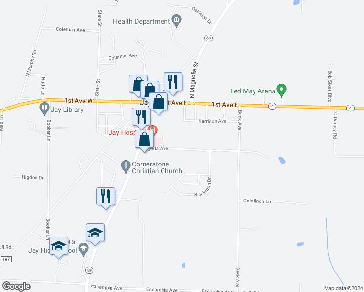 map of restaurants, bars, coffee shops, grocery stores, and more near 3964 Florida Avenue in Jay