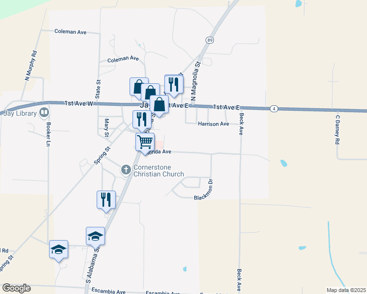 map of restaurants, bars, coffee shops, grocery stores, and more near 3964 Florida Avenue in Jay
