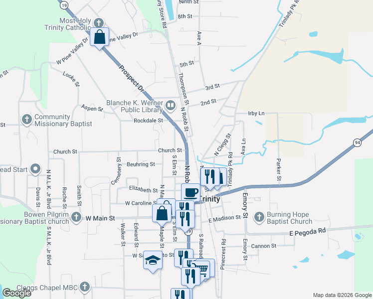 map of restaurants, bars, coffee shops, grocery stores, and more near 718 South Robb Street in Trinity