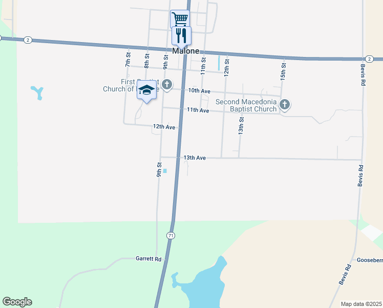 map of restaurants, bars, coffee shops, grocery stores, and more near 5184 13th Avenue in Malone