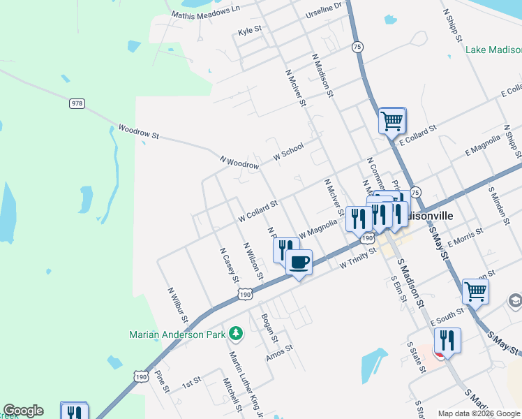 map of restaurants, bars, coffee shops, grocery stores, and more near 713 West Collard Street in Madisonville