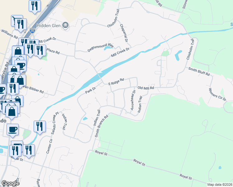 map of restaurants, bars, coffee shops, grocery stores, and more near 1108 Old Mill Road in Salado