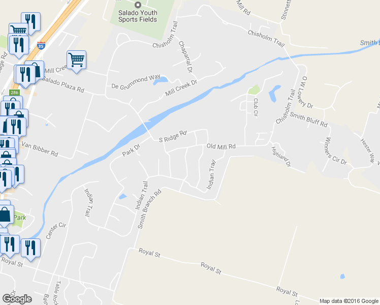 map of restaurants, bars, coffee shops, grocery stores, and more near 725 Whispering Oaks Lane in Salado