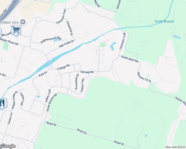 map of restaurants, bars, coffee shops, grocery stores, and more near 2300 Indian Trail in Salado