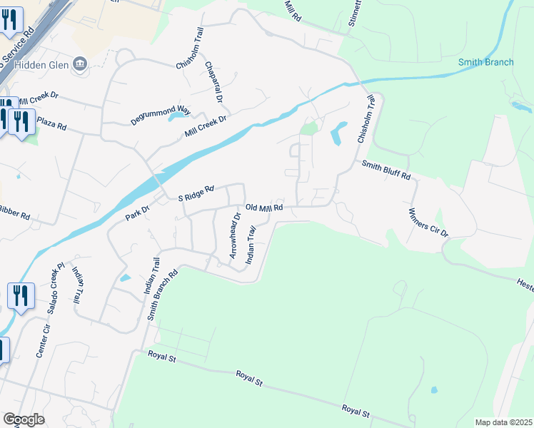 map of restaurants, bars, coffee shops, grocery stores, and more near 2300 Indian Trail in Salado