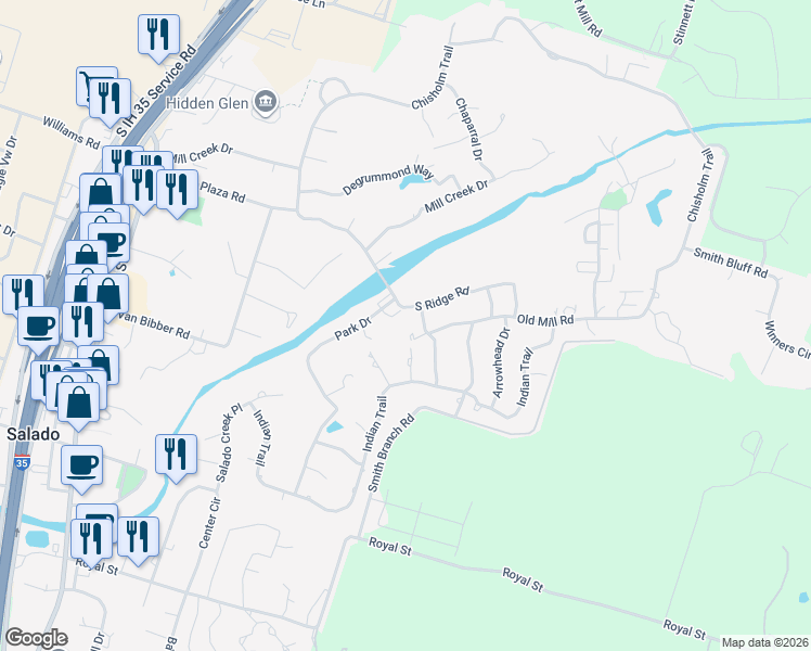 map of restaurants, bars, coffee shops, grocery stores, and more near 1015 Old Mill Road in Salado