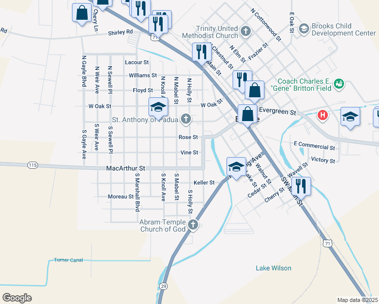 map of restaurants, bars, coffee shops, grocery stores, and more near 398 Vine St in Bunkie