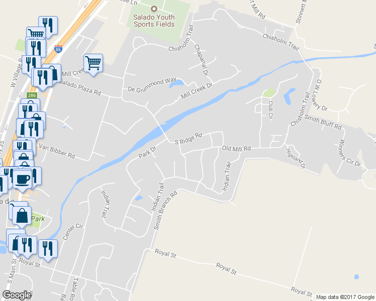 map of restaurants, bars, coffee shops, grocery stores, and more near 1108 Old Mill Road in Salado