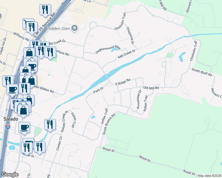 map of restaurants, bars, coffee shops, grocery stores, and more near 1015 Old Mill Road in Salado