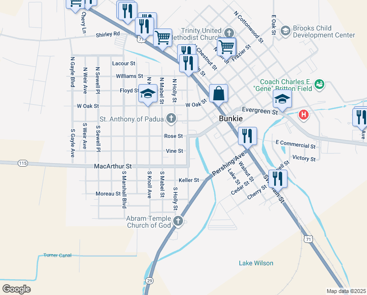 map of restaurants, bars, coffee shops, grocery stores, and more near 300-398 Vine St in Bunkie