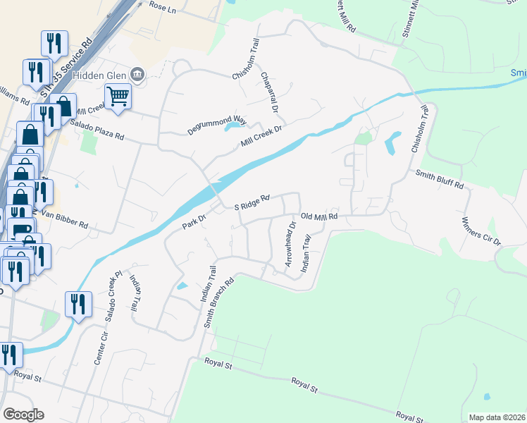 map of restaurants, bars, coffee shops, grocery stores, and more near 725 Whispering Oaks Lane in Salado