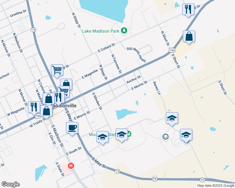 map of restaurants, bars, coffee shops, grocery stores, and more near 901 East Morris Street in Madisonville
