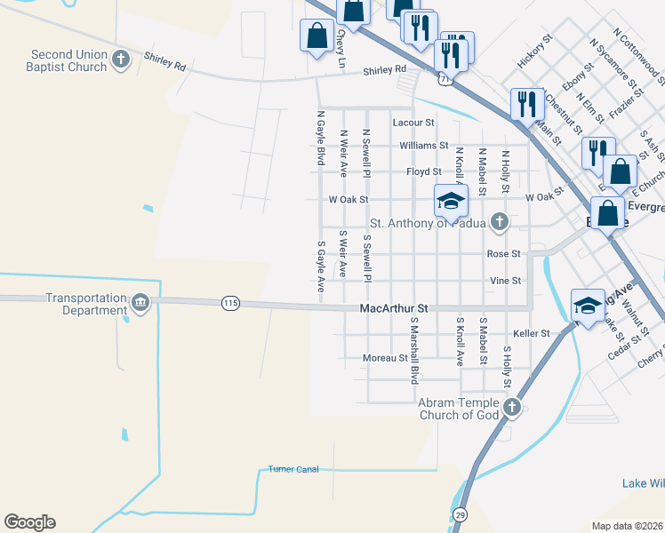 map of restaurants, bars, coffee shops, grocery stores, and more near 1100-1198 Vine Street in Bunkie