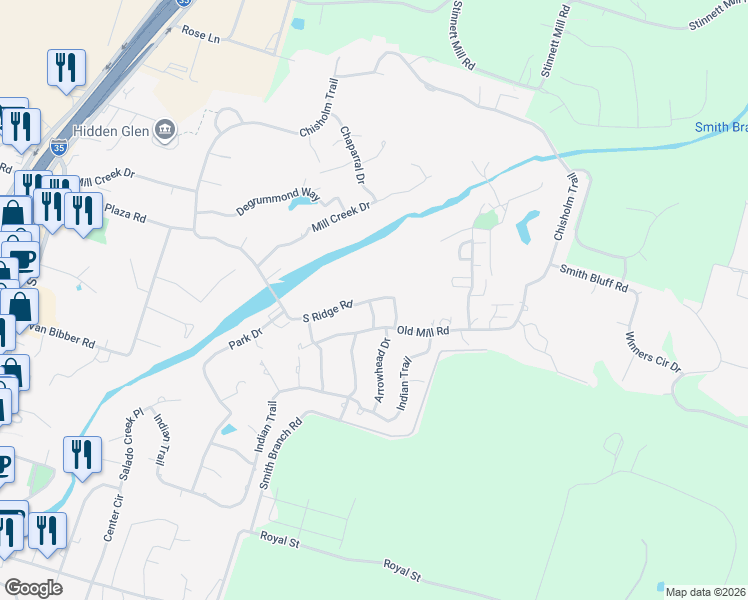 map of restaurants, bars, coffee shops, grocery stores, and more near 1001 S Ridge Rd in Salado