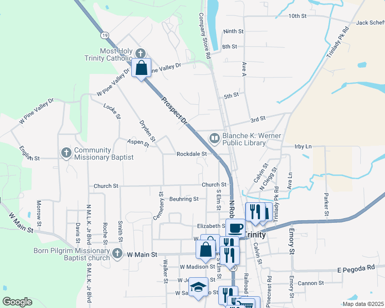 map of restaurants, bars, coffee shops, grocery stores, and more near Rockdale St in Trinity