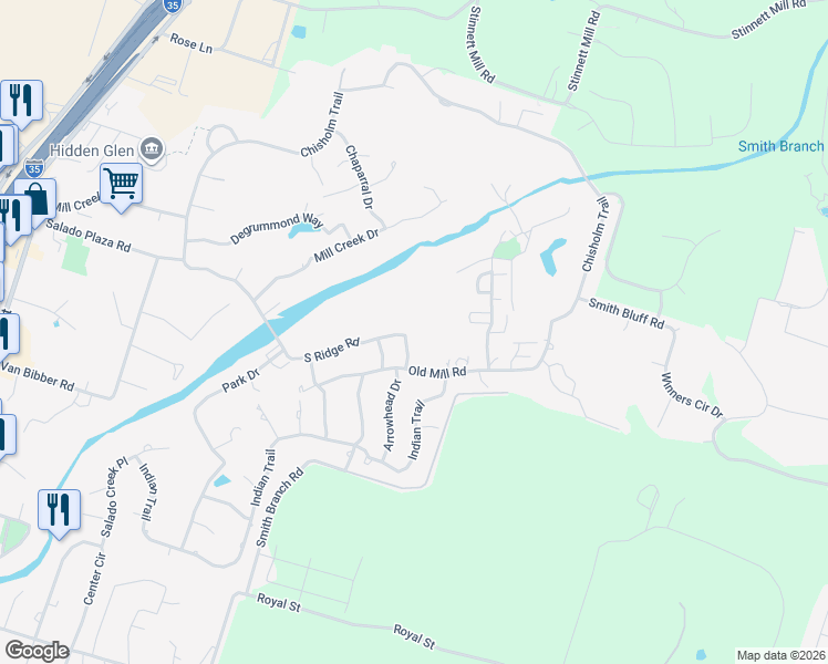 map of restaurants, bars, coffee shops, grocery stores, and more near 1001 South Ridge Road in Salado