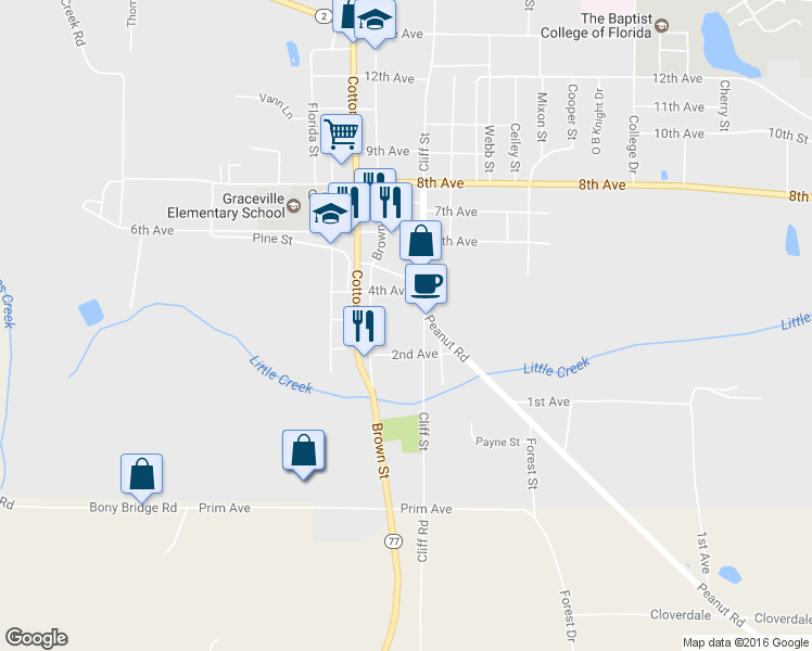map of restaurants, bars, coffee shops, grocery stores, and more near 5287 Cliff Street in Graceville